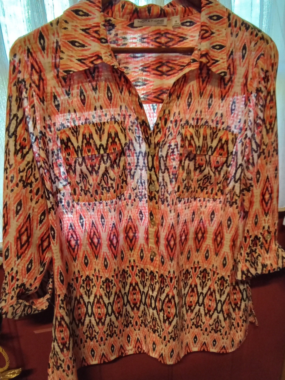 Notations Orange and Black Ikat Print Button-Front Women's Shirt